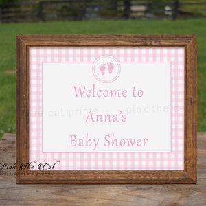 Girl baby shower welcome sign, pink footprints welcome sign for baby shower, personalized welcome sign, pink gingham baby shower template