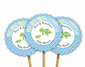 Überbackene Baby Dusche Cupcake Toppers Schildkröte - blau gelb grün Streifen Polka Dots Cupcake Dekoration Druckversion Baby Dusche Dekorationen