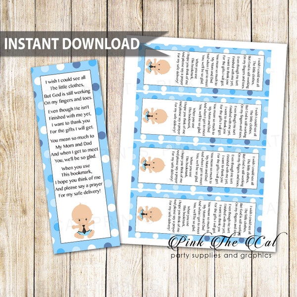 Boy Baby Shower Bookmark, Boy Baby Shower Favor Ideas, Party Favors Baby Boy Sprinkle, Blue White Polka Dots Printable File INSTANT DOWNLOAD