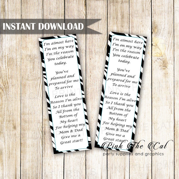 Boy Baby Shower Bookmark, Baby Shower Favor Ideas, Zebra Bookmarks For Baby Shower, Printable Bookmark Favors, Blue Black INSTANT DOWNLOAD