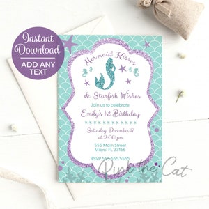 ON SALE Mermaid Invitation, Purple Mermaid, Mermaid Birthday Invitation, Mermaid Baby Shower Invitation, Mermaid Printables Instant Download image 1