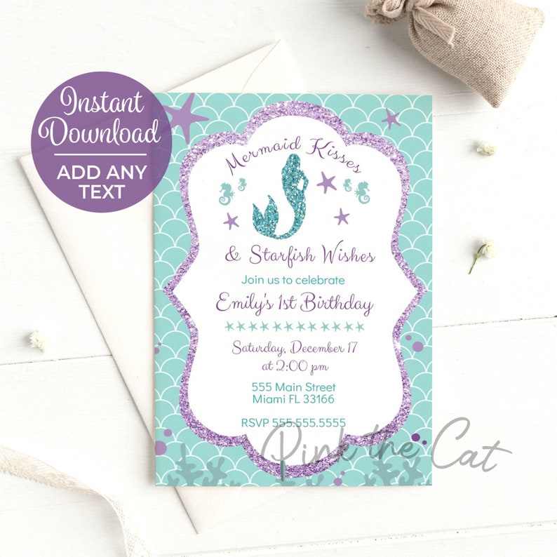 ON SALE Mermaid Invitation, Purple Mermaid, Mermaid Birthday Invitation, Mermaid Baby Shower Invitation, Mermaid Printables Instant Download image 1