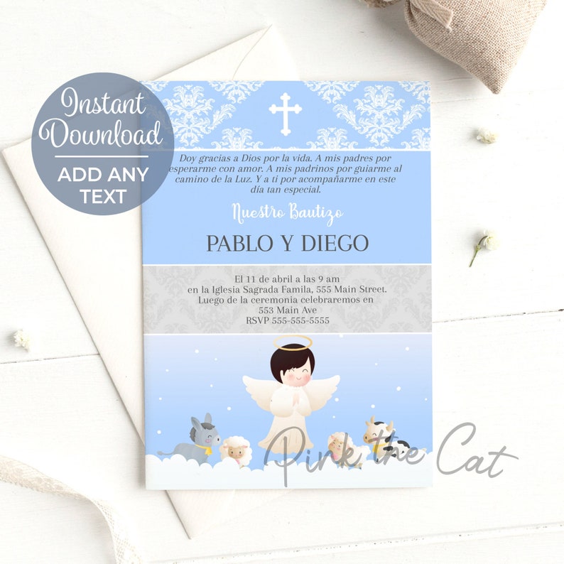 Angel Baptism Invitation in Spanish or English Printable Etsy