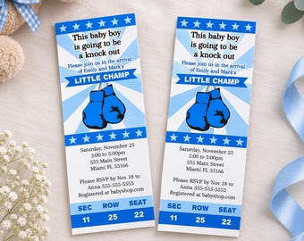 May include: Two rectangular baby shower invitations designed as event tickets with blue and white sunburst patterns. The text reads: This baby boy is going to be a knock out, Please join us in the arrival of Emily and Mark's LITTLE CHAMP.