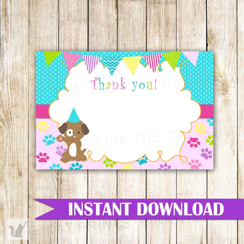 May include: Printable thank you card with a cute cartoon dog wearing a party hat. The card has a blue and white polka dot background with colorful pennant flags at the top. The text "Thank you!" is written in a pink font. The card is perfect for a dog-themed party.