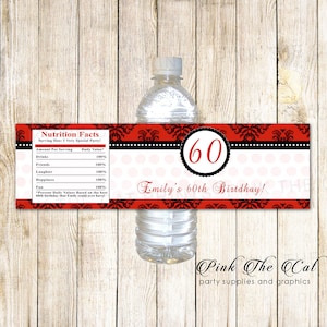 Red Black Birthday Water Bottle Labels, 60th Birthday Bottle Labels Any Age, Printable Water Labels, Vintage Birthday Bottle Wrappers Custom