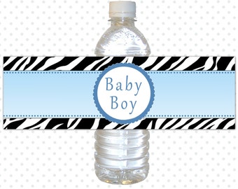 Zebra Water Bottle Label, Baby Boy Shower Printable Bottle Wrapper, Baby Boy Shower Favors Printable, Decoration Blue Black INSTANT DOWNLOAD