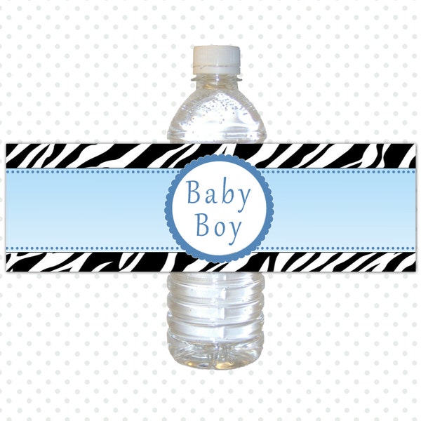 Zebra Water Bottle Label, Baby Boy Shower Printable Bottle Wrapper, Baby Boy Shower Favors Printable, Decoration Blue Black INSTANT DOWNLOAD