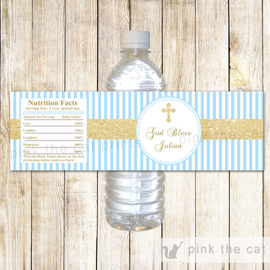 Boy Baptism Water Bottle Labels Blue Gold Glitter Baptism Labels Gold