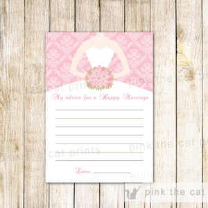 Tarjetas de consejos de despedida de soltera - Ramo floral de damasco rosa Vestido de novia blanco Artículos de ducha de boda Juego de fiesta Parejas Ducha DESCARGA INSTANTE