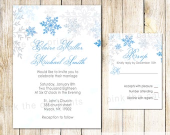 Winter bruiloft uitnodiging - zilver blauw bruiloft uitnodiging - Winter bruiloft uitnodigen - sneeuwvlokken bruiloft uitnodiging met RSVP kaart