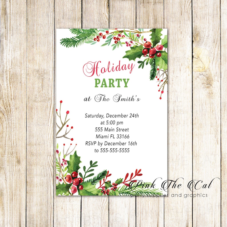 Watercolor Leaves Christmas Invitation Christmas Party Invitation Personalized Christmas Invitation For Adults Adult Christmas Party