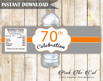 70th Birthday Water Bottle Label, Orange Silver Bottle Stickers Unisex, Printable Bottle Label Template INSTANT DOWNLOAD