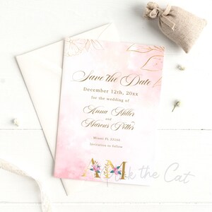 Blush rosa Gold Monogramm floral Save the Date für Hochzeit oder für jede Veranstaltung, bedruckbar oder als Printable Save the Date Karten rosa und gold mit Initialen
