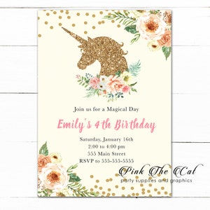 ON SALE Printable Unicorn Invitation, Glitter Unicorn Invitation, Gold Blush Pink Digital Unicorn Invitation Template Instant Download image 3