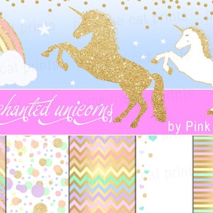 ON SALE Unicorns And Background Papers Templates Unicorn Clipart Glitter Gold Digital Background Paper Clip Art Rainbow Instant Download