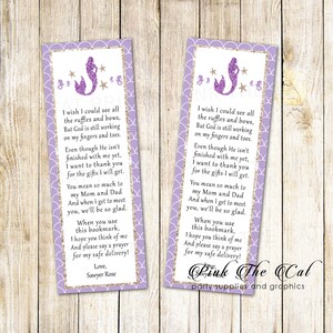 30 printed BOOKMARKS Baby Mädchen Dusche Meerjungfrau Thema Baby-Dusche, Mädchen Lesezeichen Baby Dusche begünstigt lila Gold Meerjungfrau Dusche Gefälligkeiten