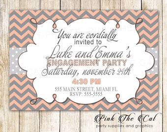 Coral Silver Wedding Engagement Invitation, Printable Wedding Engagement Invitation, Orange Gray Invitation For Engagement, Silver Chevron