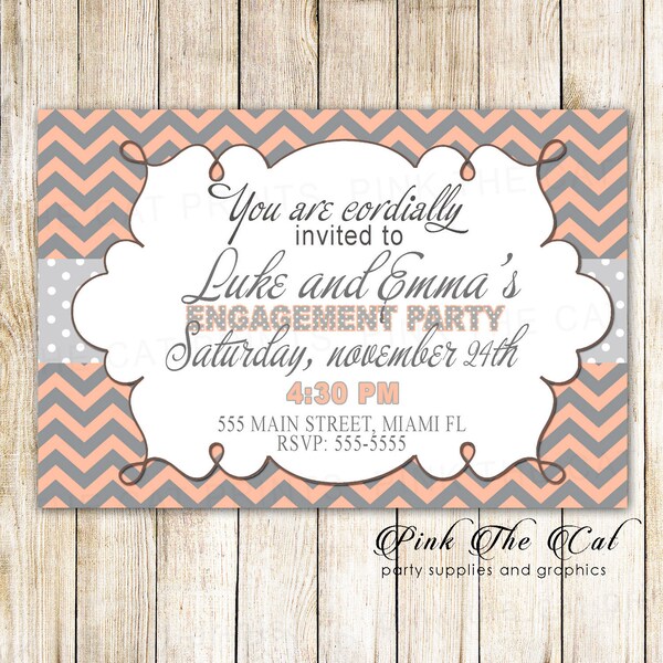 Coral Silver Wedding Engagement Invitation, Printable Wedding Engagement Invitation, Orange Gray Invitation For Engagement, Silver Chevron