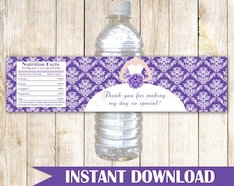 May include: Purple and white damask patterned water bottle label with a bride silhouette and the text "Thank you for making my day so special!" and "Nutrition Facts" with a list of items like "Friends", "Family", "Laughter", "Happiness" and "Fun" with a 100% daily value. The label also says "Instant Download".