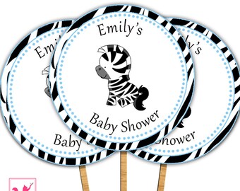 Printable Personalized Cute Jungle Zebra Cupcake Topper - Blue Polka Dots Safari Zoo Animal Birthday Baby Shower Boy Girl Custom