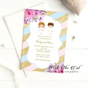 30 inviti al battesimo gemello con angeli personalizzati (set di 30), inviti di tre gemelli, inviti al battesimo ragazzo, oro rosa blu