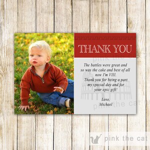 Gladiator Thank You Note - Boy Kids Birthday Party Item Photo Card Roman Red Silver Printable Personalized