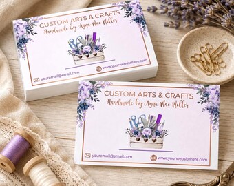 100 Sewing business card for your crafts business with tools in box, purple and rosegold colors, digital file available