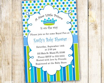 May include: A blue and green baby shower invitation with a crown and the text "A New Little Prince is on the way". The invitation includes the text "Emily's Baby Shower" and details for the event, including the date, time, location, and RSVP information.