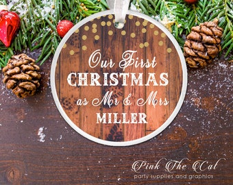 Personalized Christmas Ornament Newlyweds, Newlywed Christmas Tree Ornament, Christmas Gift For Mr and Mrs Rustic First Christmas Decoration