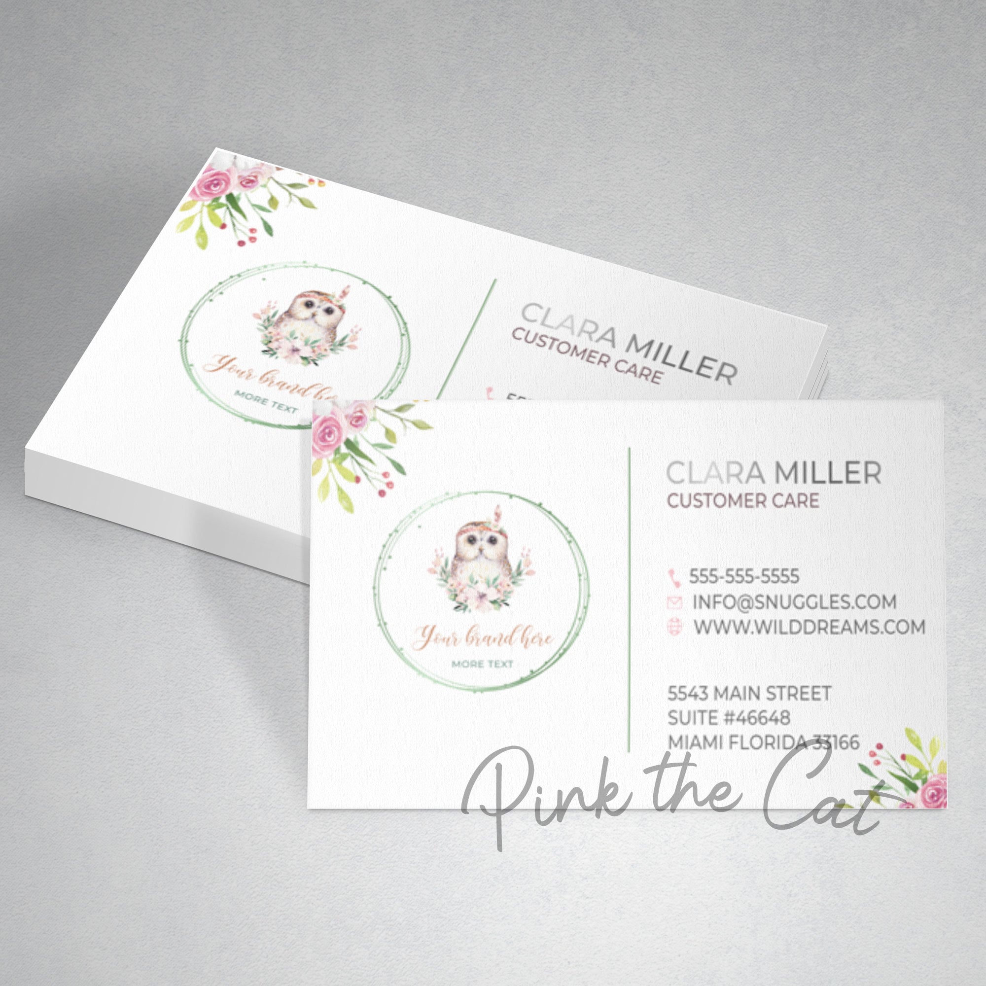 Owl business card, boho owl business card printable, watercolor owl card, forest floral business car