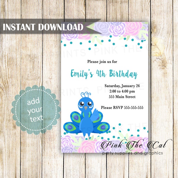 ON SALE Printable Peacock Invitation,  Peacock Invitation, Peacock Birthday Invitation, Girl Birthday Party Invites - Instant Download