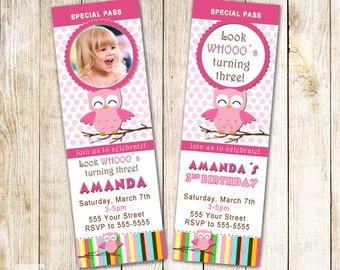 Owl Invitation Ticket - Pink Girl Birthday Party Invite Personalized Printable