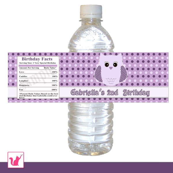 Purple Owl Polka Dots Violet Water Bottle Labels Wrappers - Printable Personalized Birthday Party Labels Baby Shower Girl Custom Wraps