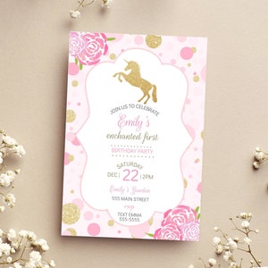 Unicorn birthday invitation pink and gold for girl party, gold glitter pink unicorn invitation editable and digital file printable