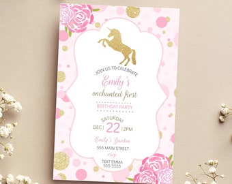 Unicorn birthday invitation pink and gold for girl party, gold glitter pink unicorn invitation editable and digital file printable