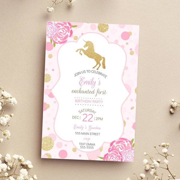 Unicorn birthday invitation pink and gold for girl party, gold glitter pink unicorn invitation editable and digital file printable