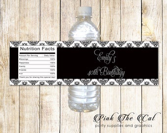 Damask Water Bottle Labels Wrappers - Black White Water Bottle Labels Adult Birthday Party Decoration Printable Favor Label INSTANT DOWNLOAD