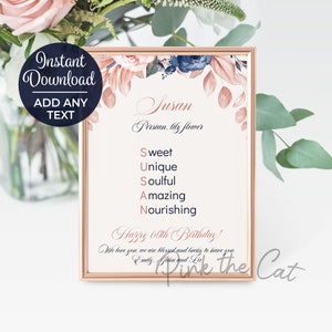 Cartel personalizado con nombre floral rubor rosa y azul, 60 cumpleaños o cualquier regalo de edad, signo digital, cartel editable descarga instantánea