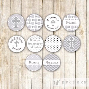 Printable Small Candy Labels 0.75 inch Candy Stickers Personalized Baptism Party Favors Christening 1st Holy Communion Silver Grey Polka Dot