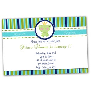 Prince Frog Birthday Invitation Card - Custom Boy 1st Birthday Party or Baby Shower Invite Printable File Personalized Blue Green Stripes