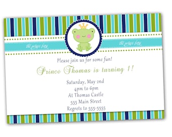 Prince Frog Birthday Invitation Card - Custom Boy 1st Birthday Party or Baby Shower Invite Printable File Personalized Blue Green Stripes