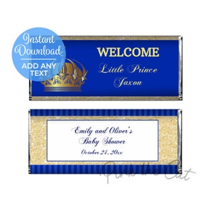 Prince Baby Shower Candy Bar Wrapper, Prince Birthday Candy Label Template Editable, Royal Blue Gold Prince Favor Labels INSTANT DOWNLOAD