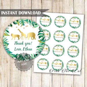 Jungle Favor Label, Printable Safari Favor Tags, Jungle Favor Label Template Add Your Text, Green Gold Jungle Editable File Download Now