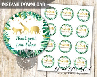 Jungle Favor Label, Printable Safari Favor Tags, Jungle Favor Label Template Add Your Text, Green Gold Jungle Editable File Download Now