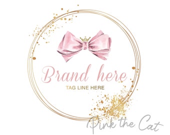 Watercolor hair bow logo for your etsy shop website girl bows or hair bow boutique, watercolor logo design, pink and gold logo