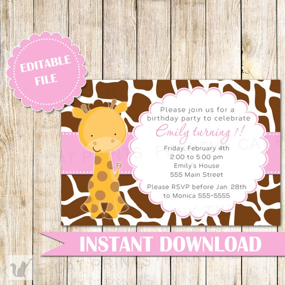 giraffe invitation girl birthday party giraffe birthday etsy