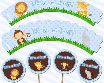 INSTANT DOWNLOAD Jungle Its a Boy Baby Shower Cupcake Toppers and Wrappers - Blue Polka Dots Lion Elephant Monkey Leopard Baby Shower Favors