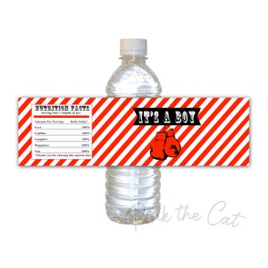 Etiqueta de botella de boxeo para fiesta de cumpleaños o baby shower de niño plantilla imprimible en rojo y negro descarga instantánea