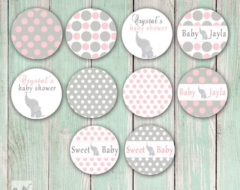 Printable Small Candy Labels - 0.75 inch Candy Stickers - Birthday Candy Labels Girl Baby Shower Favors Grey Elephant Pink Polka Dots
